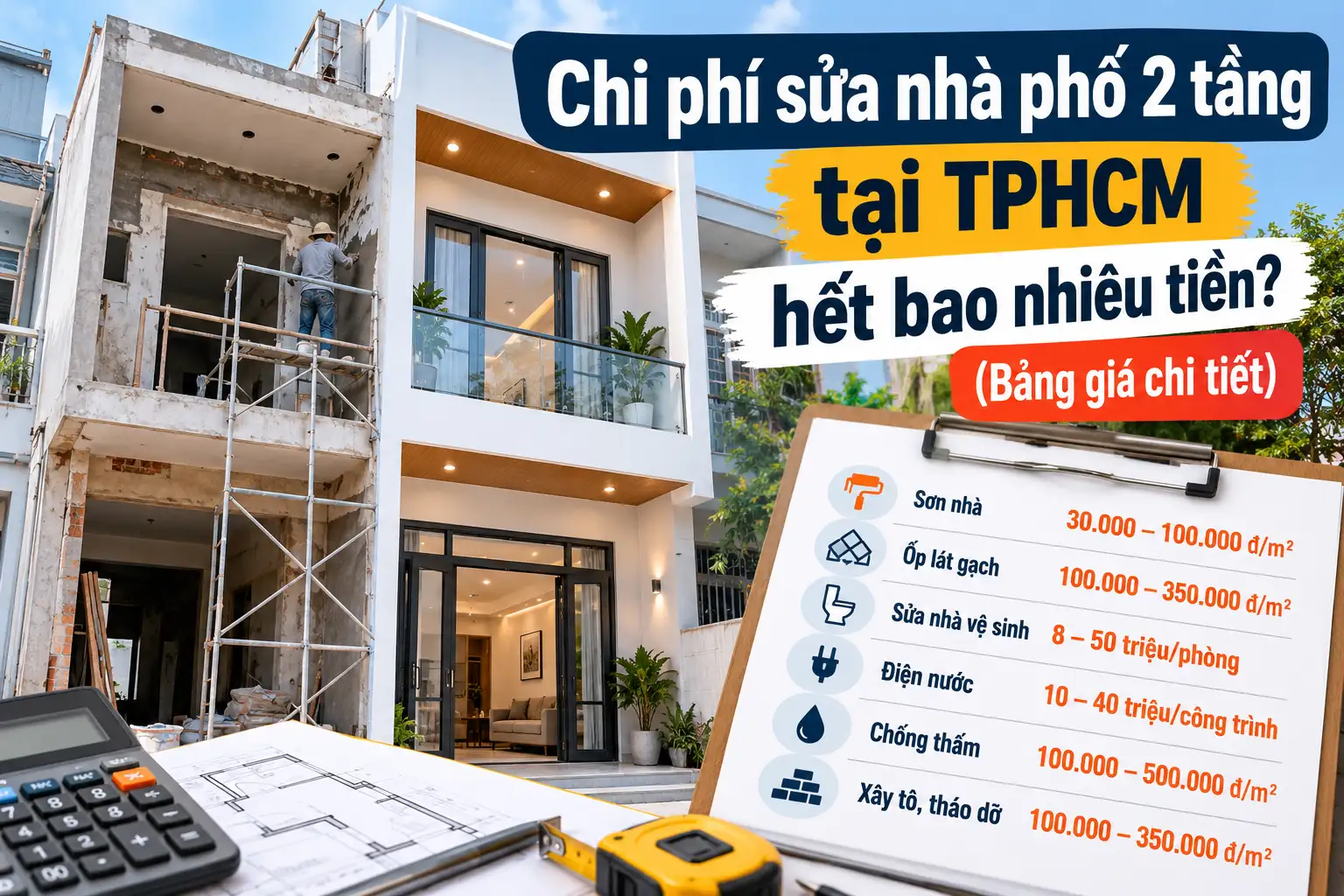 Chi phí sửa nhà phố 2 tầng tại TPHCM hết bao nhiêu tiền? (Bảng giá chi tiết)